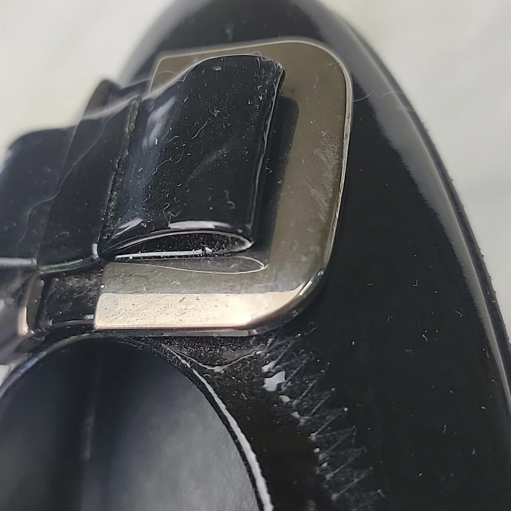 STUART WEITZMAN Madam Bow Black Patent Metal‎ Bow Wedge Party Office Heels 8.5N - Picture 12 of 12